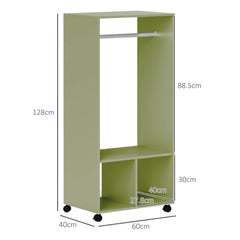 Open Wardrobe on Wheels, Bedroom Wardrobe with Clothes Hanging Rail, 2 Storage Shelves, Mobile Garment Rack for Cloakroom, Hallway, Green