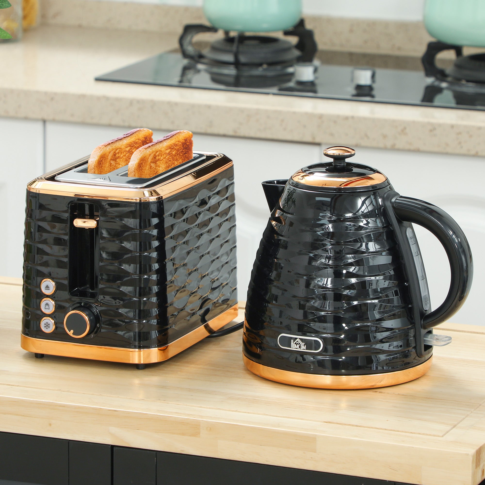 3000W 1.7L Rapid Boil Kettle & 2 Slice Toaster, Kettle and Toaster Set with 7 Browning Controls and Crumb Tray, Black