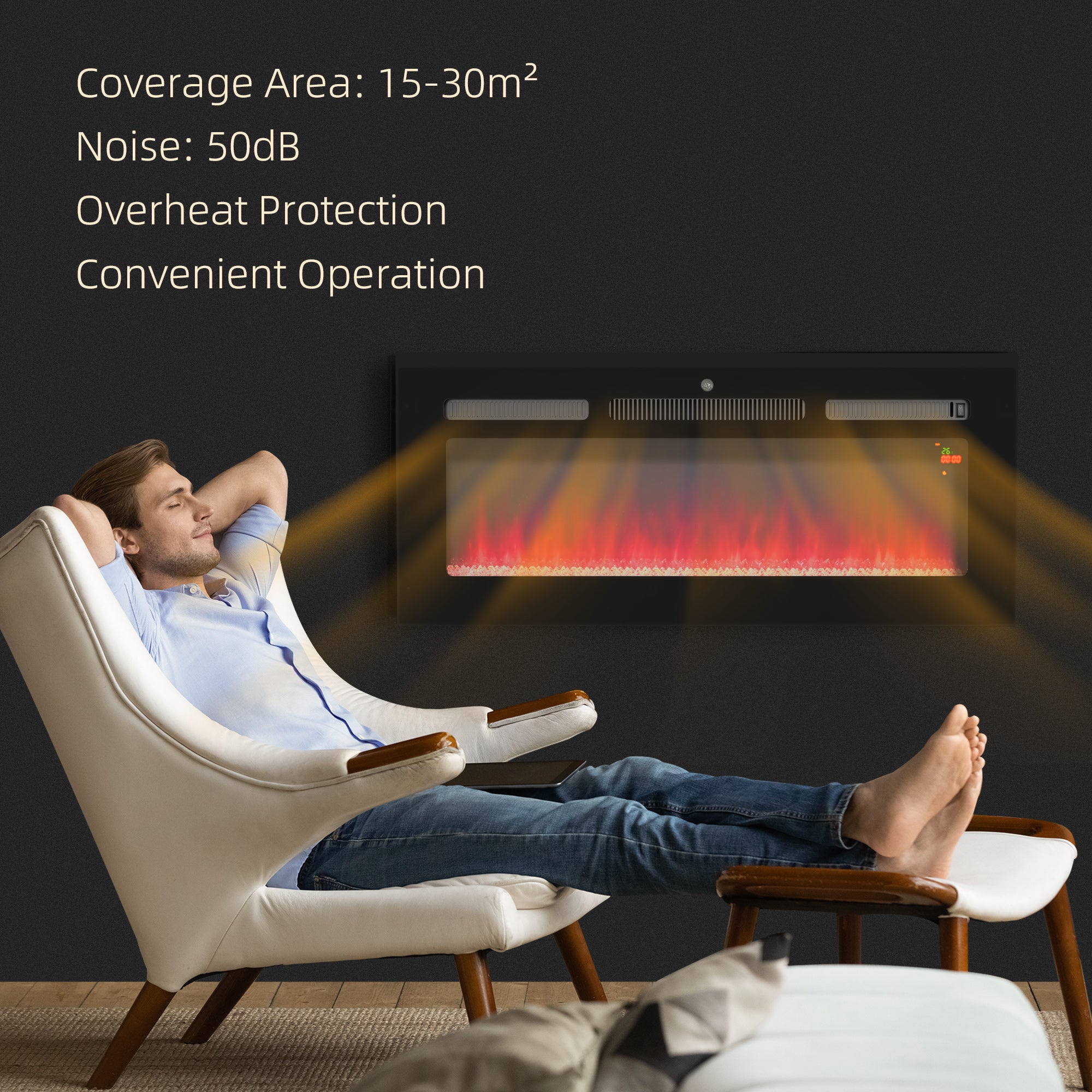 Fynco - 102cm/40" Electric Fireplace, 2000W Recessed and Wall Mounted Electric Fire with Remote Control, 9 Flame Colour and Crystal, Black