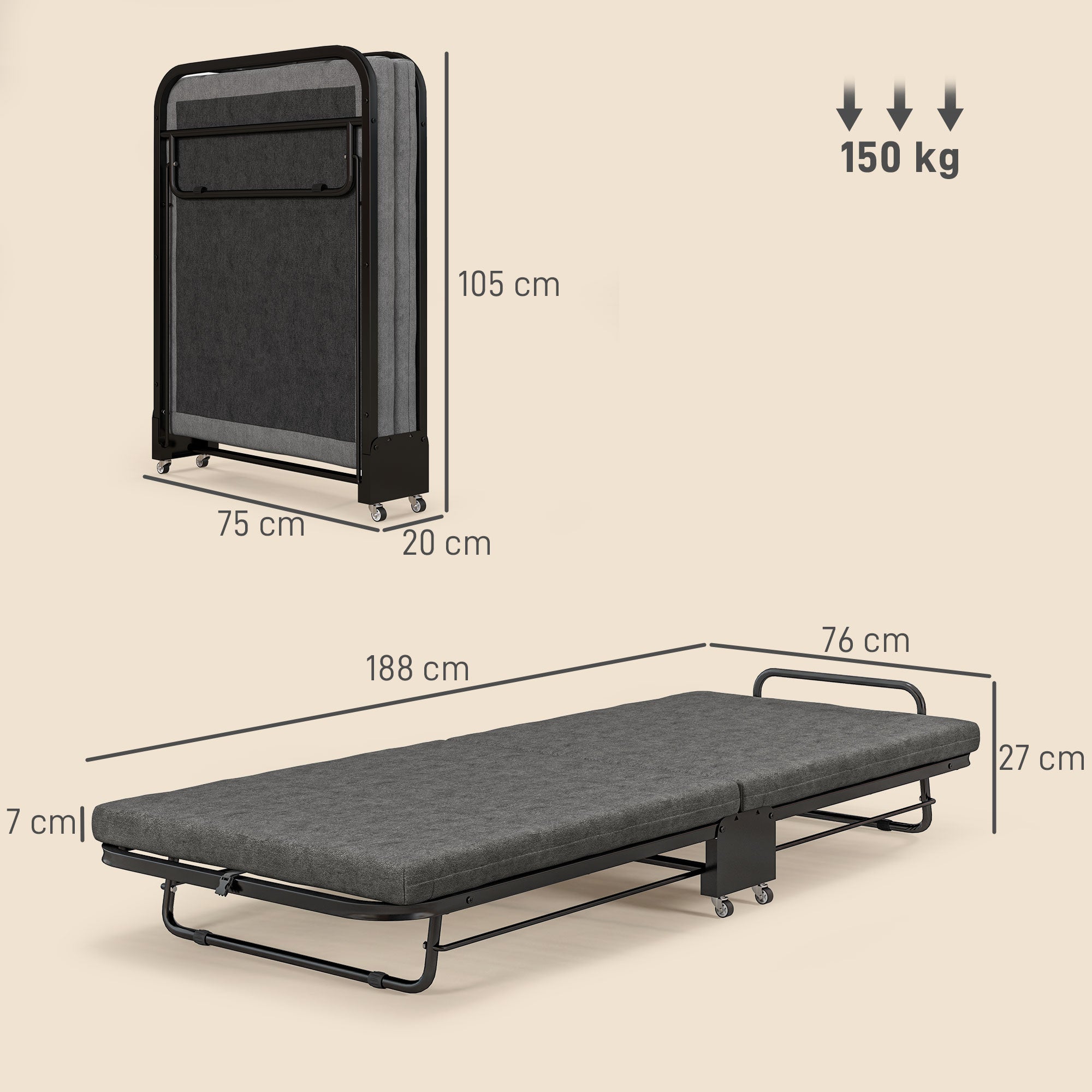 Single Temporary Folding Bed - Grey