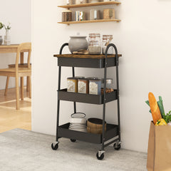 Fynco - 3-Tier Kitchen Storage Trolley with on Wheels Cover Top Board - Rustic Brown and Black