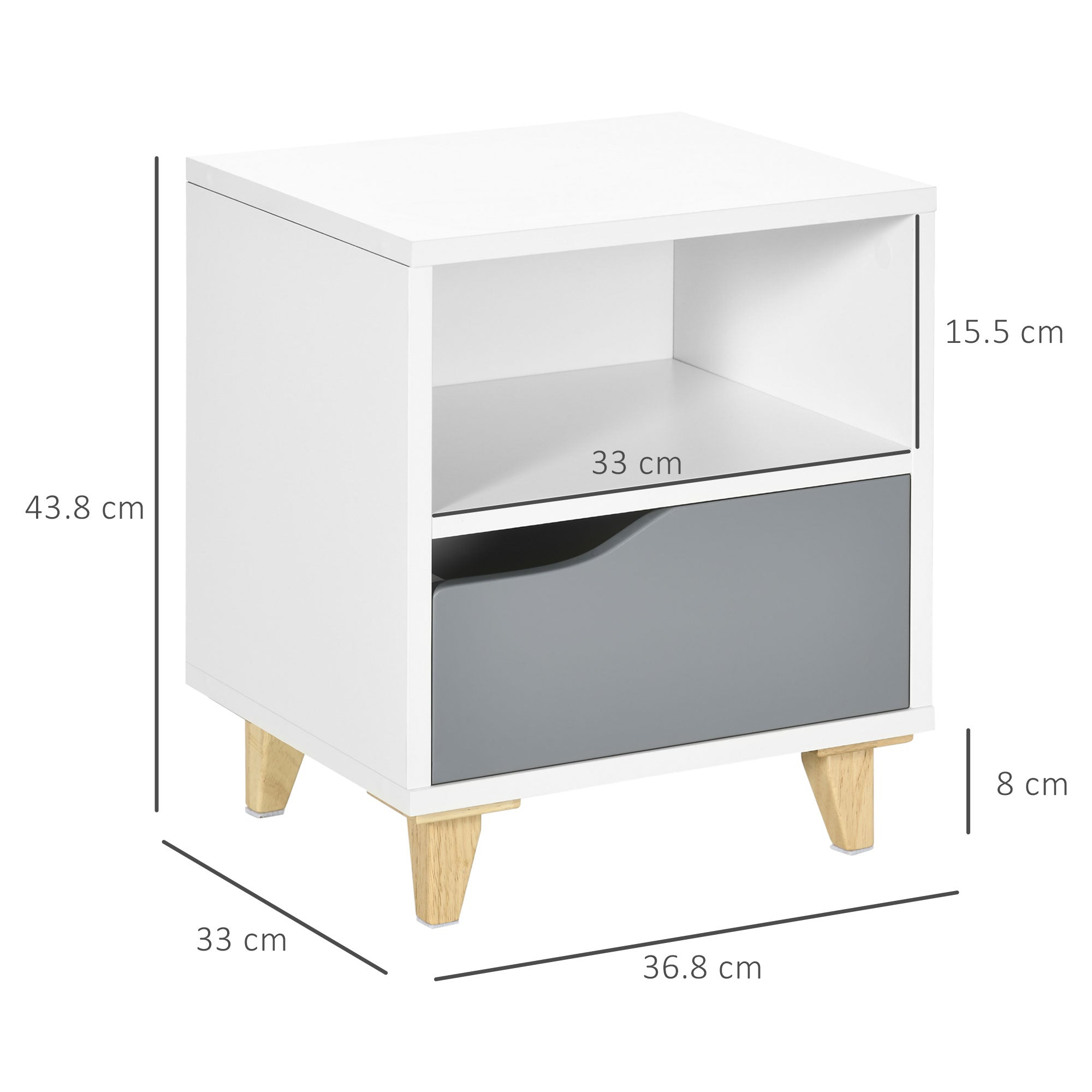 Set of 2 Modern Bedside Tables with Shelves, Drawers and Wood Legs, 36.8cm x 33cm x 43.8cm, White and Grey