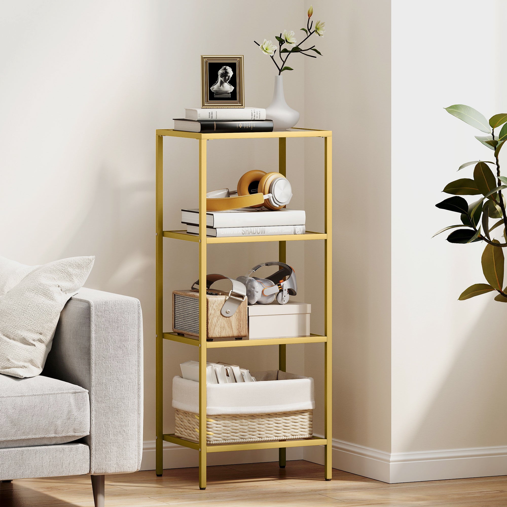 Fynco - 4-Tier Shelving Unit, Glass Shelf, Vertical Storage Shelf for Living Room, Home Office, Bedroom, Bathroom, Gold Tone