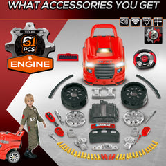 Kids Truck Engine Toy Set, Toddler Educational Car Service Station Playset, Take Apart Workshop, w/ RC Car Key, Steering wheel, Horn, Light, for 3-5 Years Old Red
