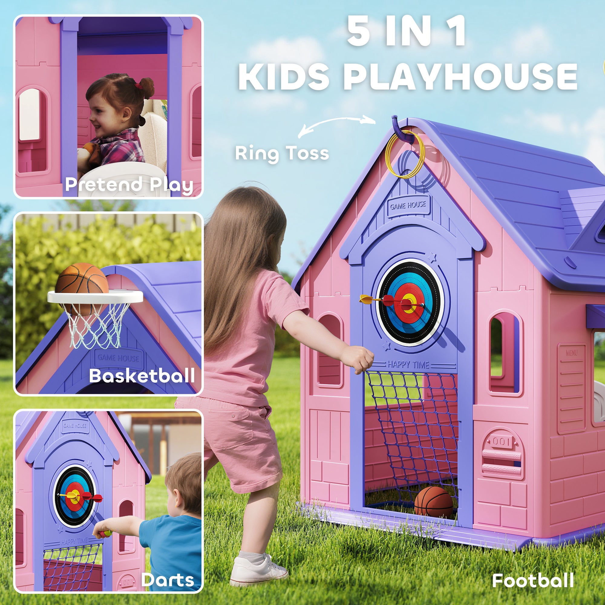 AIYAPLAY 5-in-1 Playhouse for Kids Outdoor Indoor with Basketball Hoop, Football Goal, Dartboard, Ring Toss for 2-5 Years, Pink