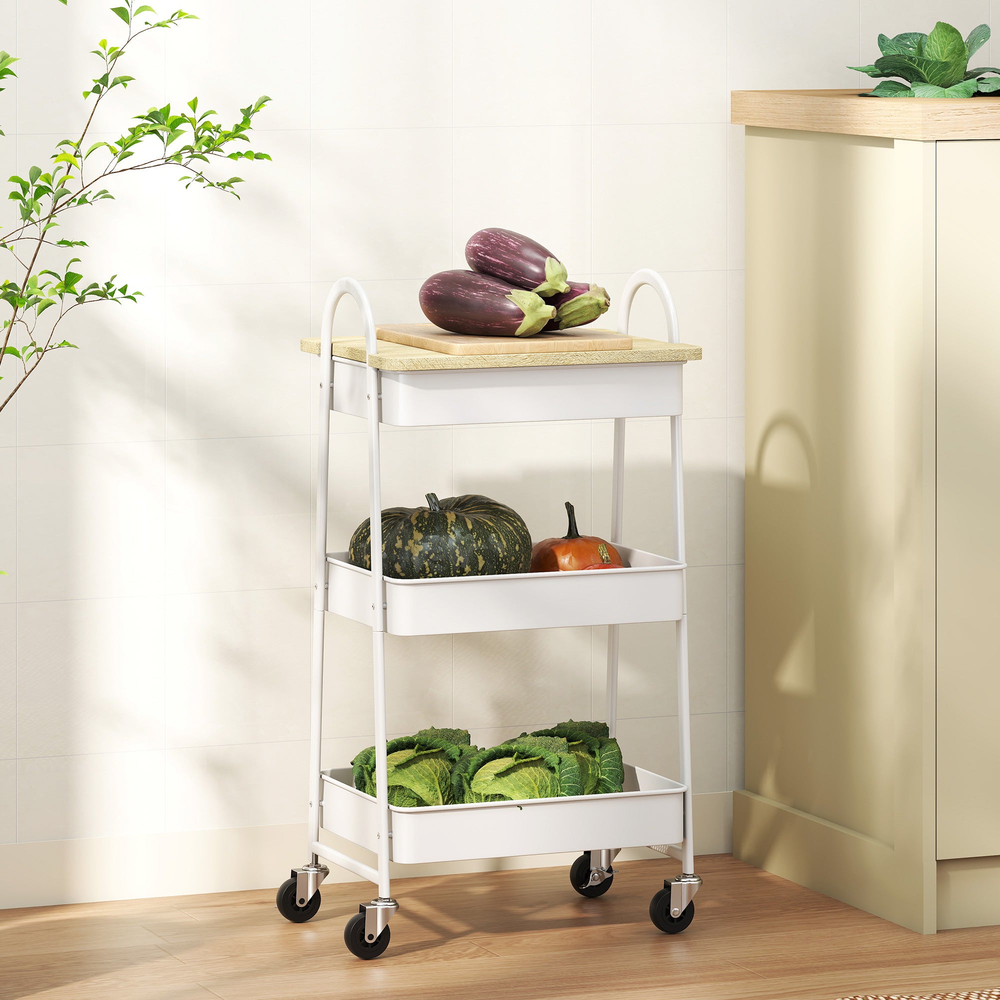 Fynco - 3-Tier Kitchen Storage Trolley with on Wheels Cover Top Board - White and Oak