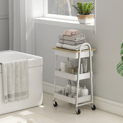 Fynco - 3-Tier Kitchen Storage Trolley with on Wheels Cover Top Board - White and Oak