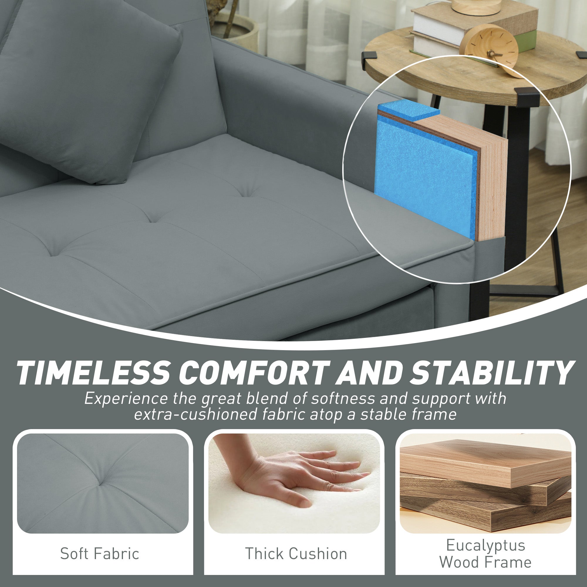 Three-Person Velvet-Feel Sofa Bed - Grey