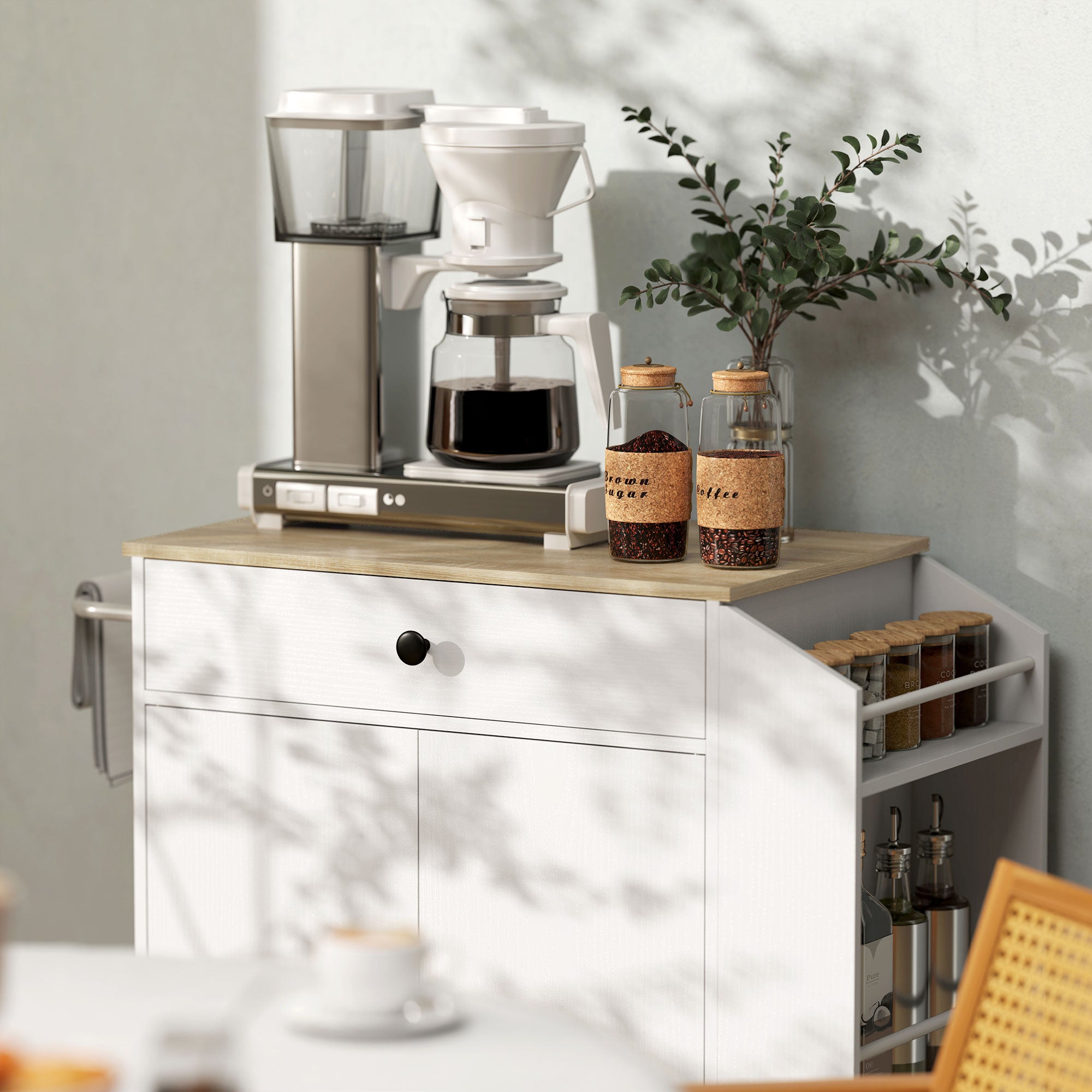 Fynco - Rolling Kitchen Island with 3-Tier Spice Rack, Kitchen Storage Cart with Drawer and Towel Rack, White