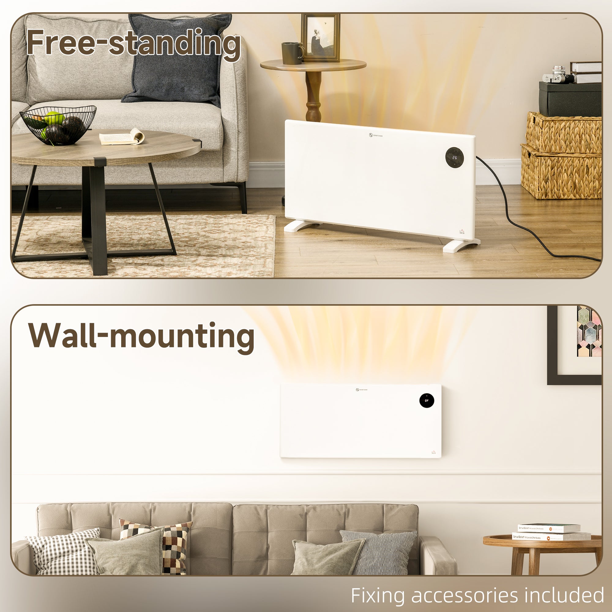 Fynco - 2000W Electric Convector Heater, Freestanding or Wall Mounted, Space Heater with Adjustable Thermostat, Timer, White