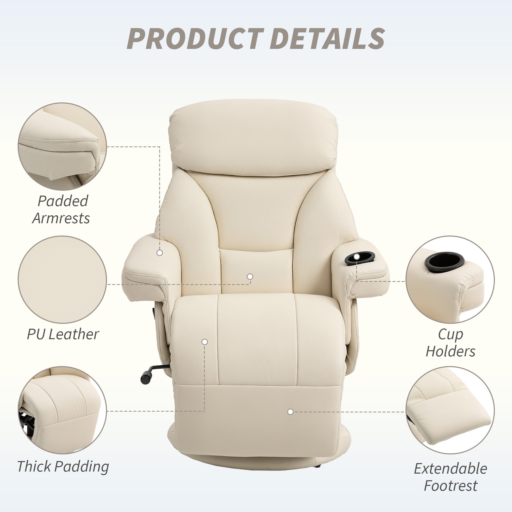 Fynco - Manual Recliner Chair with Footrest, Upholstered Reclining Armchair with Adjustable Backrest and Cup Holder, PU Leather Swivel Chair for Living Room, Bedroom, Cream White
