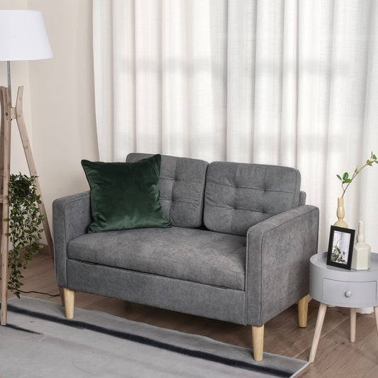 Modern 2 Seater Sofa with Hidden Storage, 117cm Tufted Cotton Couch with Wood Legs, Compact Loveseat for Living Room, Kitchen, Grey