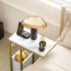 C Shaped Side Table with Charging Station and Faux Marble Top - White
