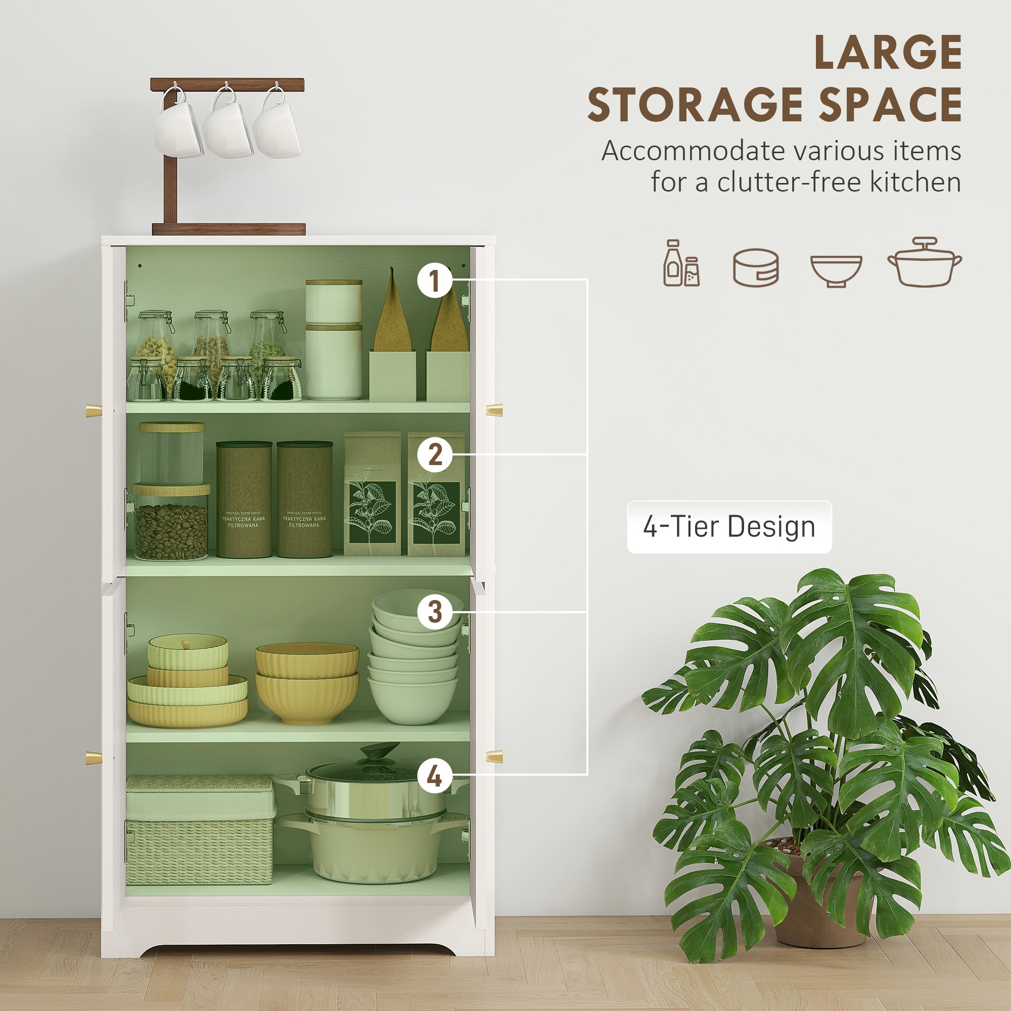 4-Door Kitchen Storage Cabinet with Adjustable Shelves - White
