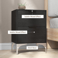 Set of Two Wood Effect Bedside Tables with Silver Tone Steel Base, Black