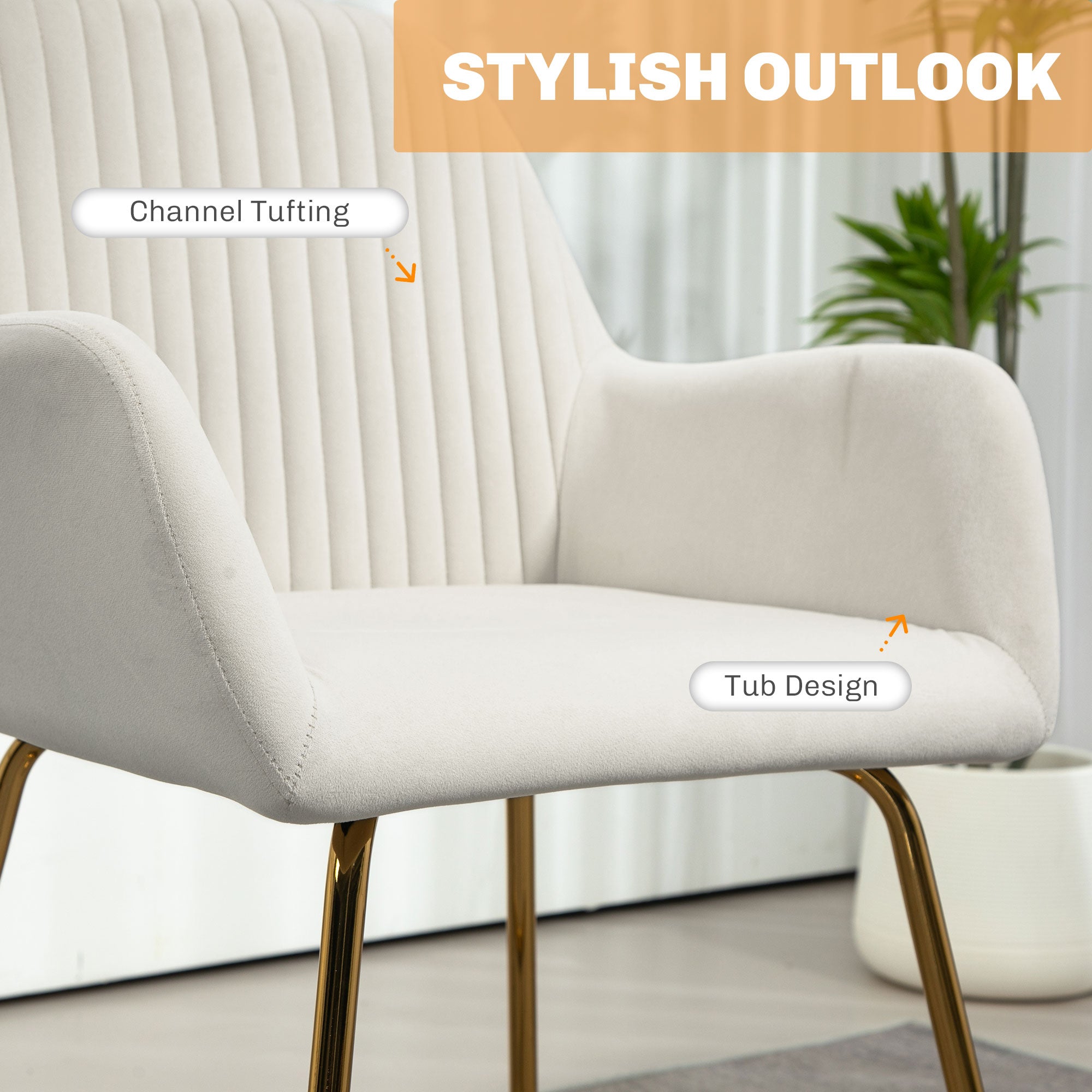 Modern Arm Chair Set of 2 Upholstered Accent Chair with Metal Base for Living Room Cream White