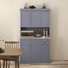 180cm Freestanding Kitchen Cabinet, Modern Storage Cupboard with Open Countertop, Drawer and 6 Doors, Grey