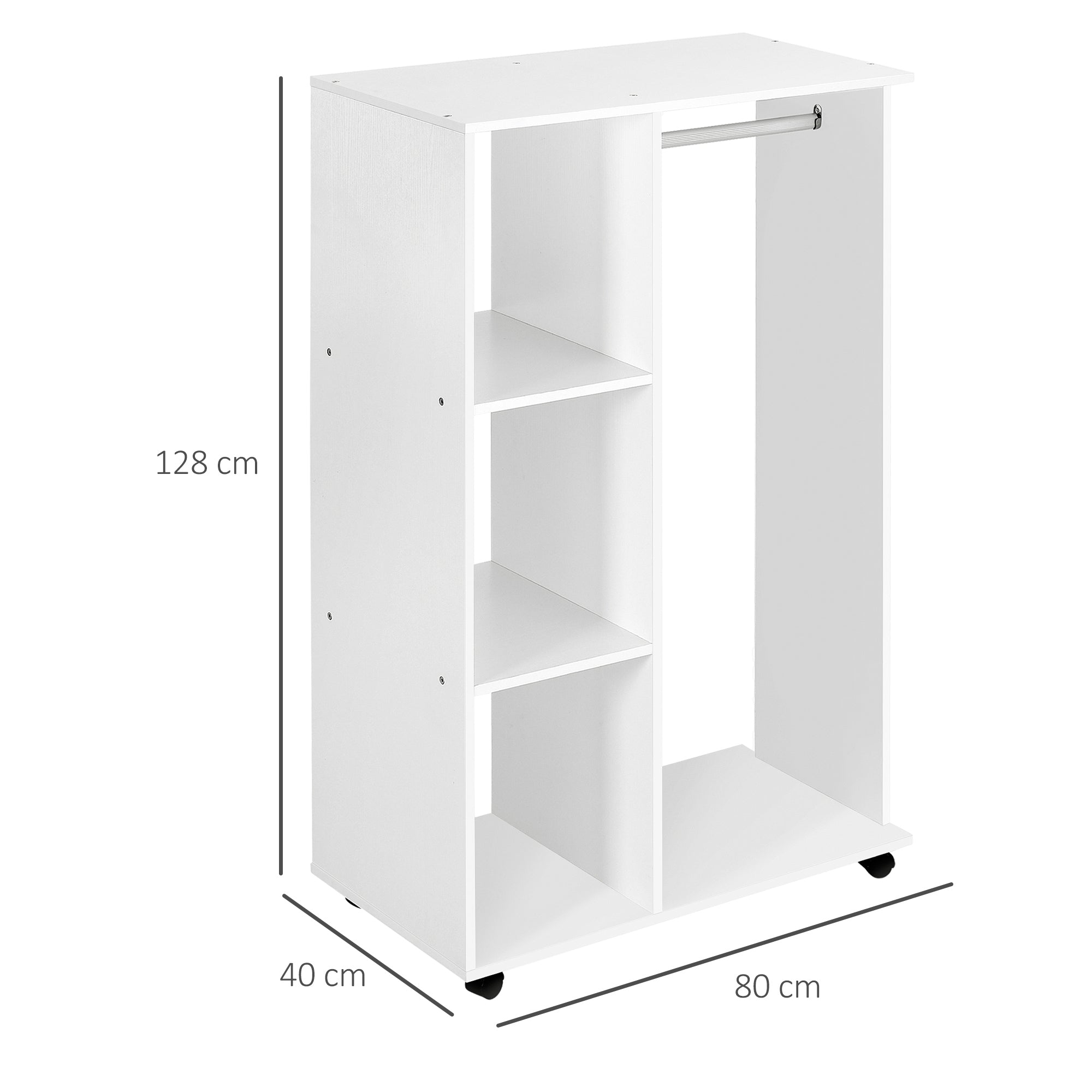 Open Wardrobe on Wheels, Bedroom Wardrobe with Clothes Hanging Rail, 3 Storage Shelves, Mobile Garment Rack for Cloakroom, Hallway, White
