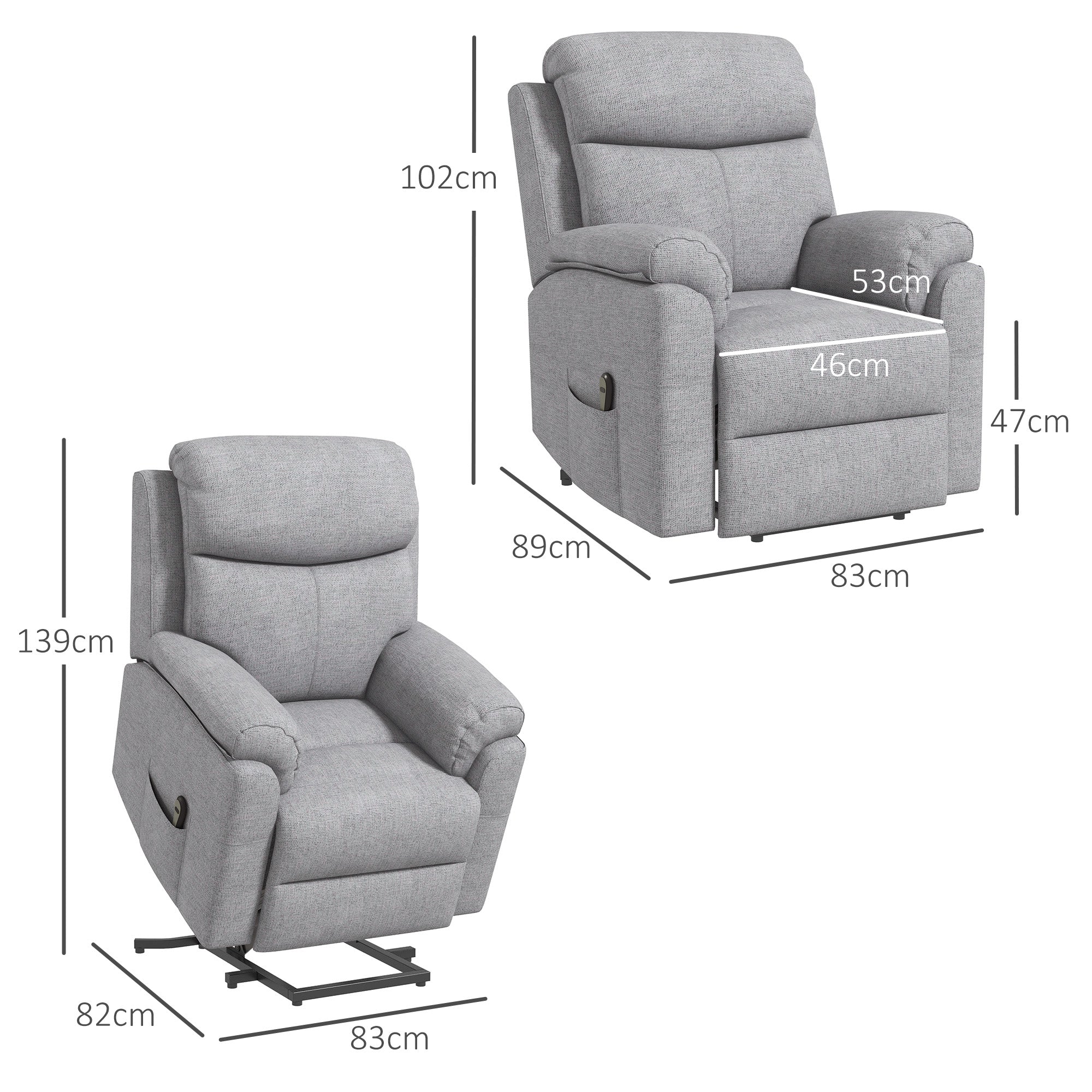 Power Lift Recliner Chair, Electric Lift Chair for Elderly, Overstuffed Linen Fabric Riser and Reclining Armchair with Remote Control, Side Pockets, for Living Room, Grey