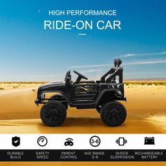 Kids Electric Ride On Car 12V Off Road Toy with Parental Remote Control 2 Motors Horn Lights Suspension Wheels for 3-6 Years Old Black
