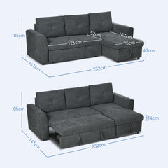 3 Seater Sofa Bed, L Shaped Pull Out Sofa Bed with Storage, Convertible Click Clack Settee Sectional Sleeper Futon for Living Room, Office, Dark Grey