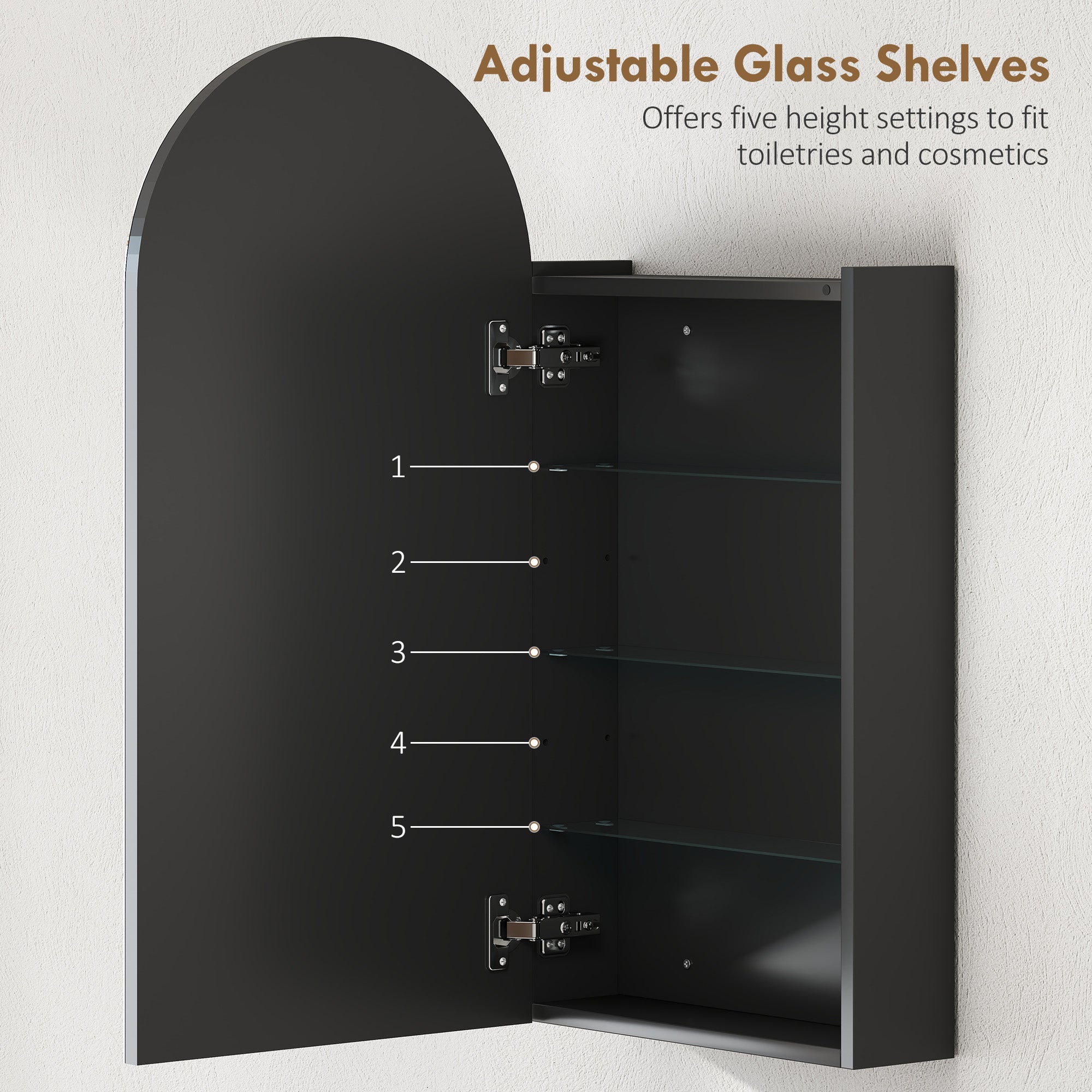 Fynco - Arched Bathroom Mirror Cabinet with Adjustable Glass Shelves - Black