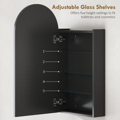 Fynco - Arched Bathroom Mirror Cabinet with Adjustable Glass Shelves - Black