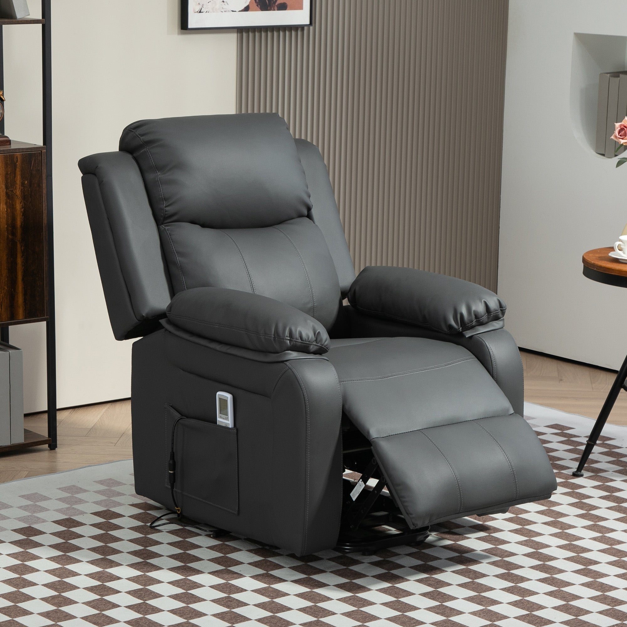 Fynco - Riser and Recliner Chair with Massage, Heat, Power Lift Recliner Chair for Elderly with Remote Control, Extended Footrest, Dual Side Pockets, Overstuffed Electric Reclining Armchair, Dark Grey