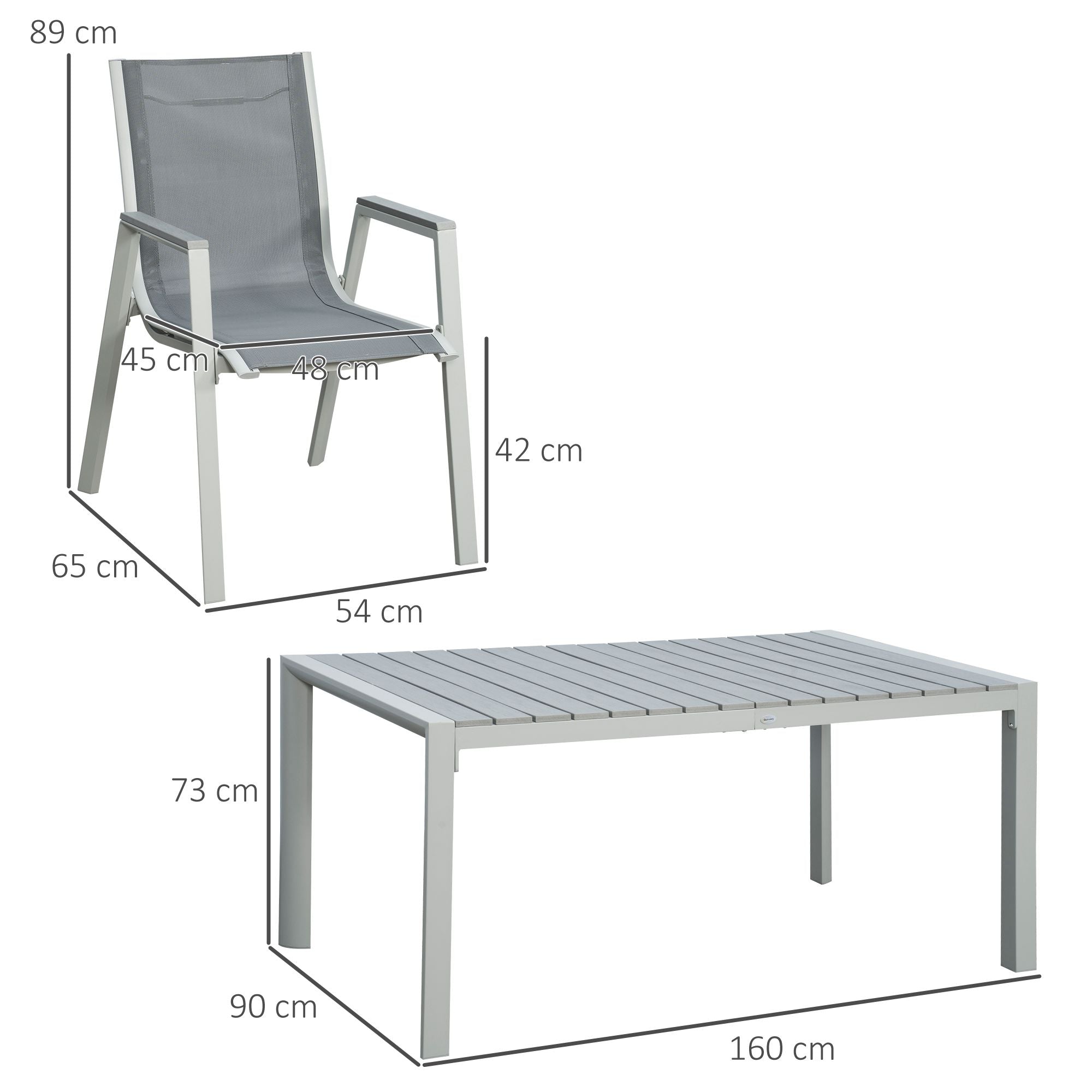 7 Pieces Garden Dining Set, Outdoor Table and 6 Armchairs, Aluminium Frame, Slatted Wood Grain Plastic Top Table, Breathable Mesh Fabric Seats and Backrest, Light Grey