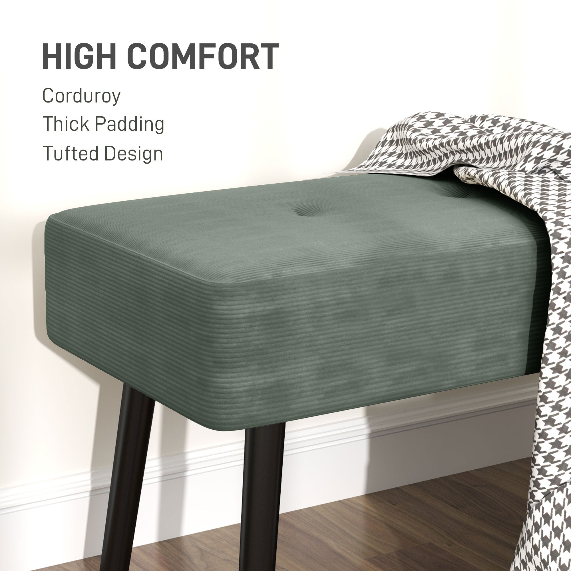 End of Bed Bench, Corduroy Bedroom Bench with Thick Padding and Steel Legs, Tufted Window Seat for Entryway, Living Room, Green