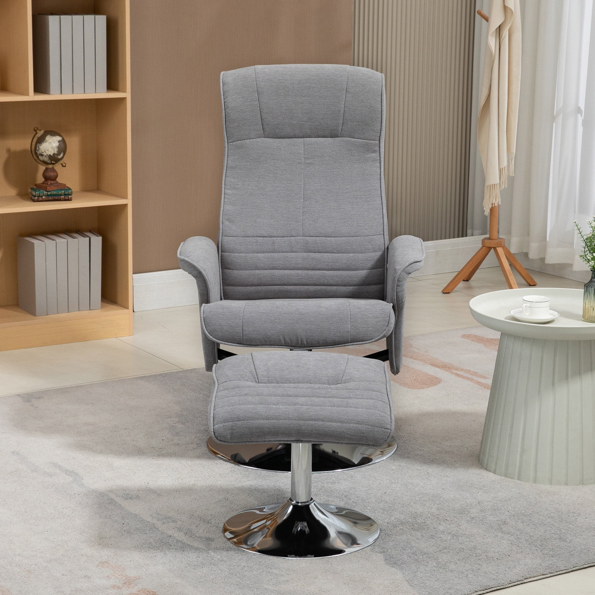 Fynco - Swivel Recliner Chair with Footstool, Velvet Recliner Armchair with Ottoman, Steel Base, Upholstered Reclining Chair for Living Room, Bedroom, Office, Grey