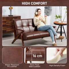 Compact 2 Seater Sofa, Vintage Tufted Loveseat Sofa with Solid Wood Legs, PU Leather Small Couch Settee for Living Room, Bedroom, Home Office, 133 x 81 x 785 cm, Brown