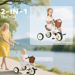AIYAPLAY 2-In-1 Toddler Trike for 2-5 Years Old, 3 Wheel Bike with Adjustable Parent Handle, Basket for Boys and Girls, White