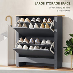 Fynco - Slim Shoe Cabinet, Narrow Shoe Cupboard with 2 Flip Drawers, Adjustable Shelves for 12 Pairs of Shoes, Charcoal Grey