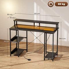 Fynco - LED Computer Desk, with Power Outlets and Shelves - Carbon Fibre Grey