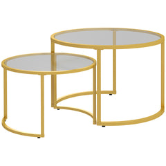 Coffee Table Set of 2, Modern Nest of Tables with Tempered Glass Top, Steel Frame for Living Room, Gold Tone