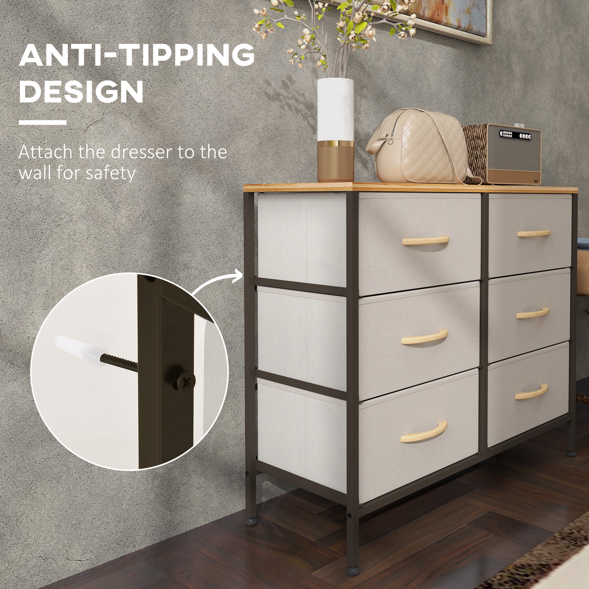 Fabric Chest of Drawers, Industrial Bedroom Dresser with 6 Fabric Drawers, Steel Frame and Wooden Top for Nursery, Living Room, Hallway, Cream White