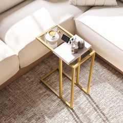 C-Shaped Side Table, Modern Slim End Table with Tempered Glass Tabletop, Steel Frame for Small Space, Living Room, Bedroom, Gold Tone