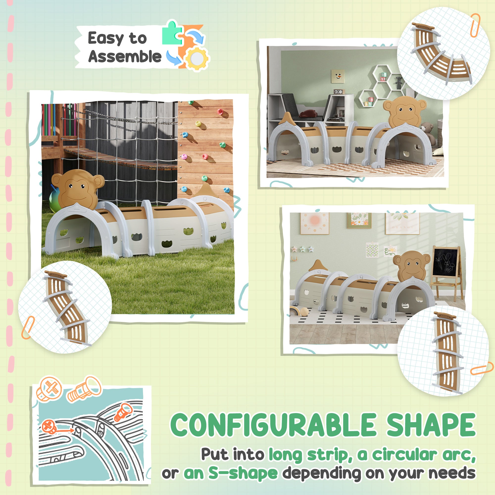 AIYAPLAY Monkey-Design Kids Play Tunnel for Crawling, Climbing, for ages 3-6 Years, Brown