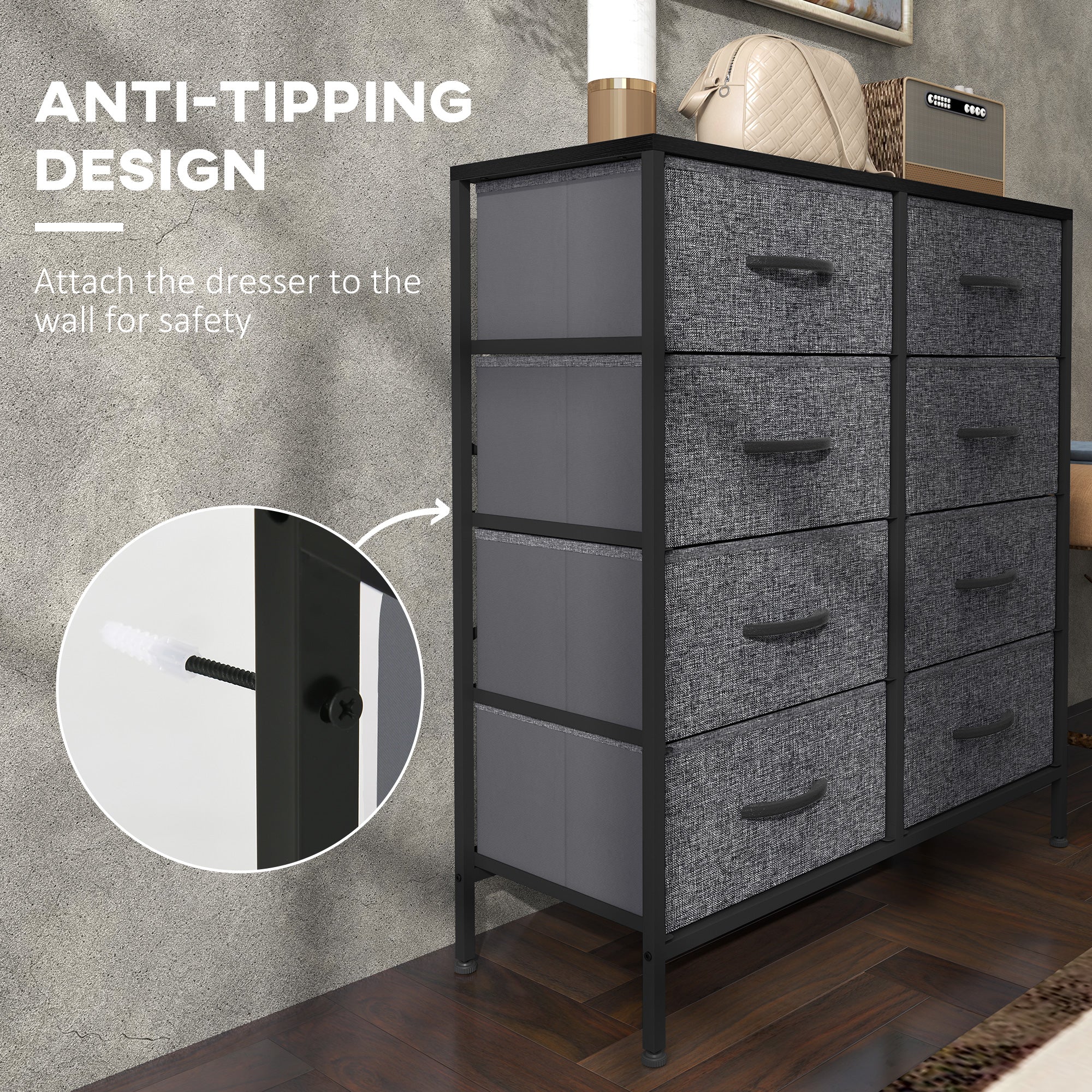 Fabric Chest of Drawers, Industrial Bedroom Dresser with 8 Fabric Drawers, Steel Frame and Wooden Top for Nursery, Living Room, Hallway, Black