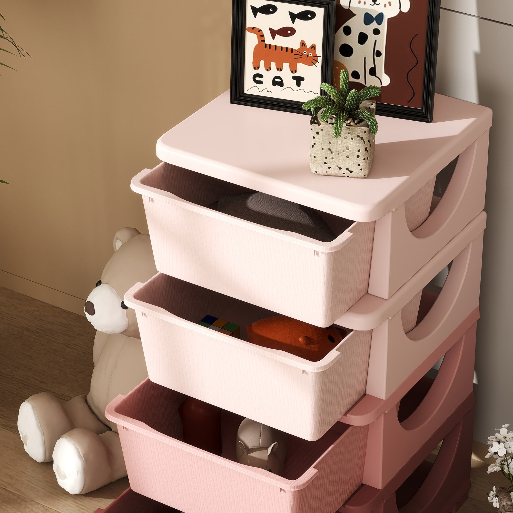 Fynco - Four-Tier Kids Storage Boxes, with Four Drawers, Pink