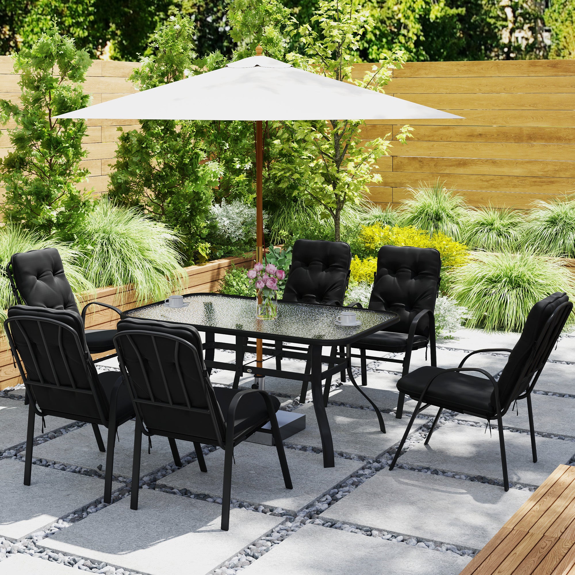Seven-Piece Garden Dining Set with Cushions - Black