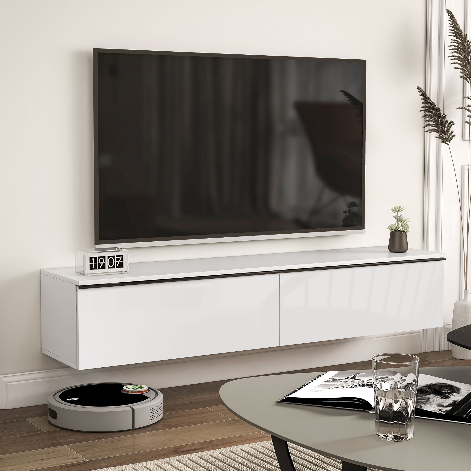 160cm High Gloss Floating TV Unit Stand for TVs up to 70", Wall Mounted TV Cabinet with Storage Cupboards, White