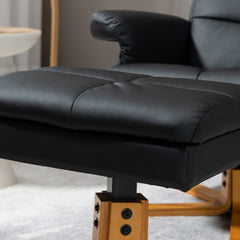 Recliner Armchair, Swivel Reclining Chair With Ottoman, Swivel Faux Leather Chair with Wooden Base and Storage Footstool for Living Room, Black