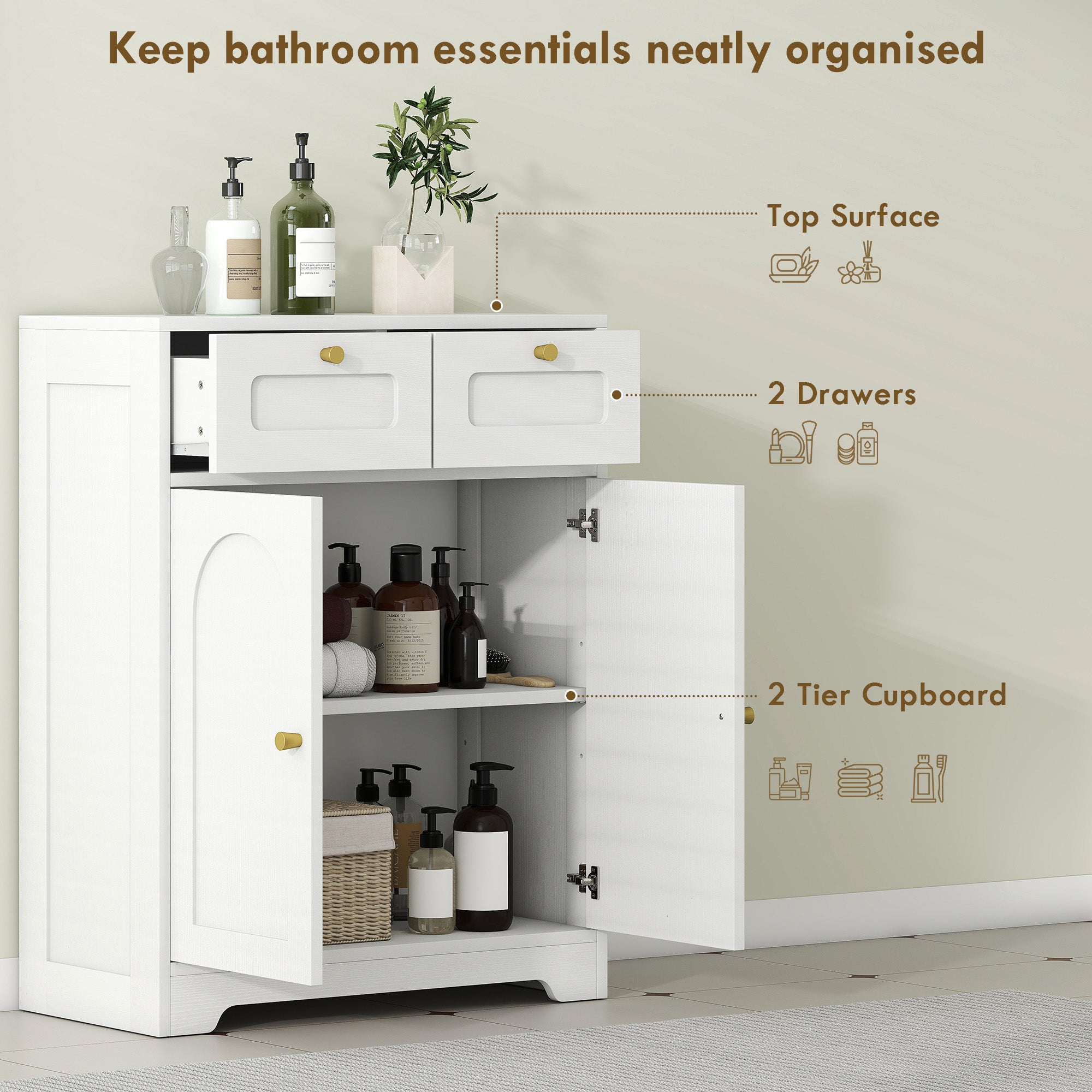 Fynco - Bathroom Floor Cabinet with 2 Drawers - White