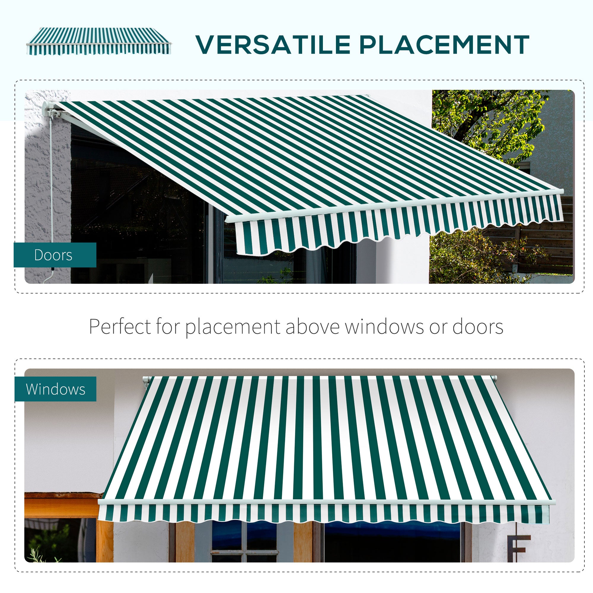 Fynco - Manual Retractable Awning, size (3.5m x2.5m)-Dark Green/White Stripes