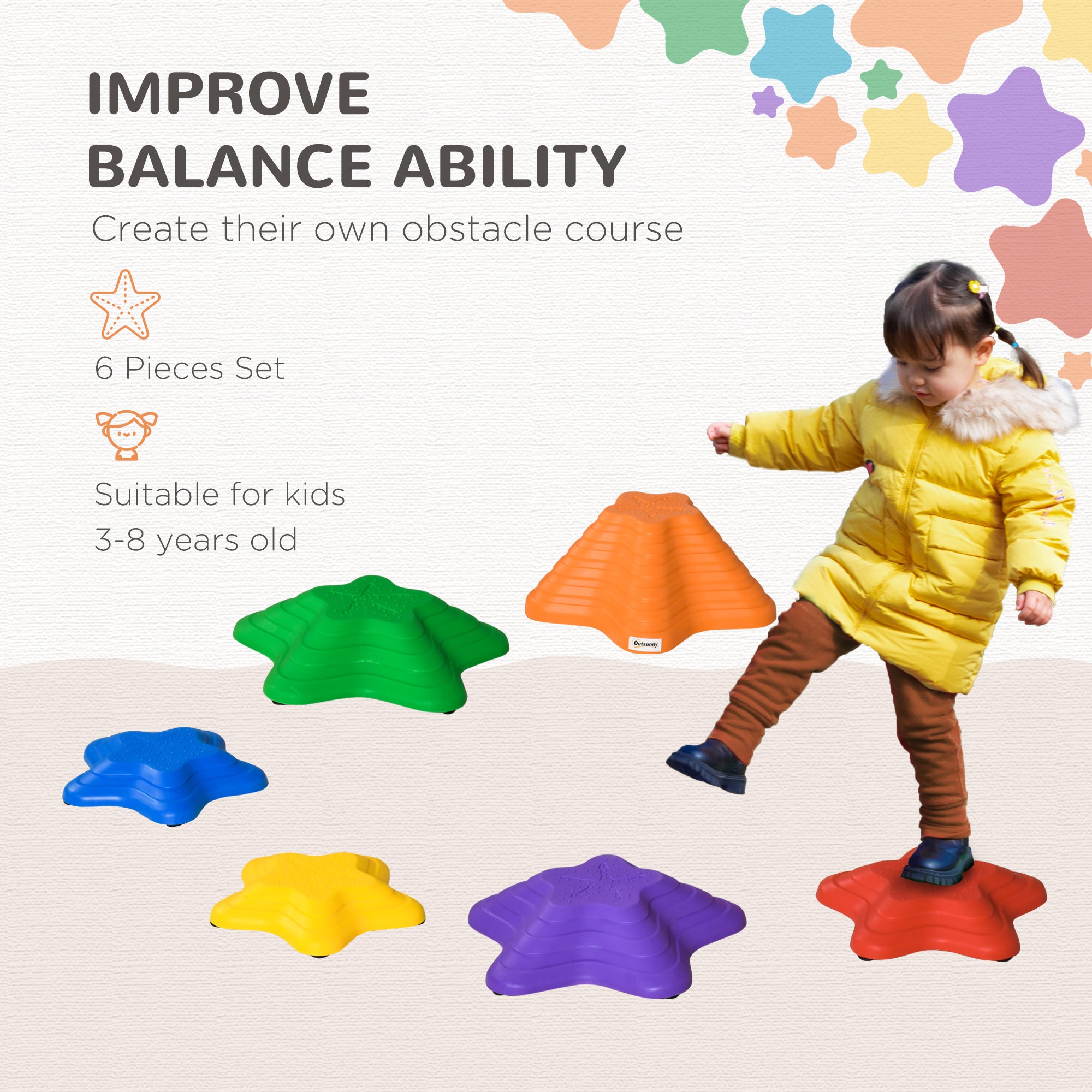 6-Piece Kids Balance Stepping Stones, Starfish Style Non-slip Obstacle Course, Stackable Balance Blocks Garden Toys Encourage Toddler Balance Indoor Outdoor