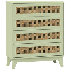 Chest of Drawers, 4-Drawer Storage Organiser Unit with Rattan Element for Bedroom, Living Room, Light Green