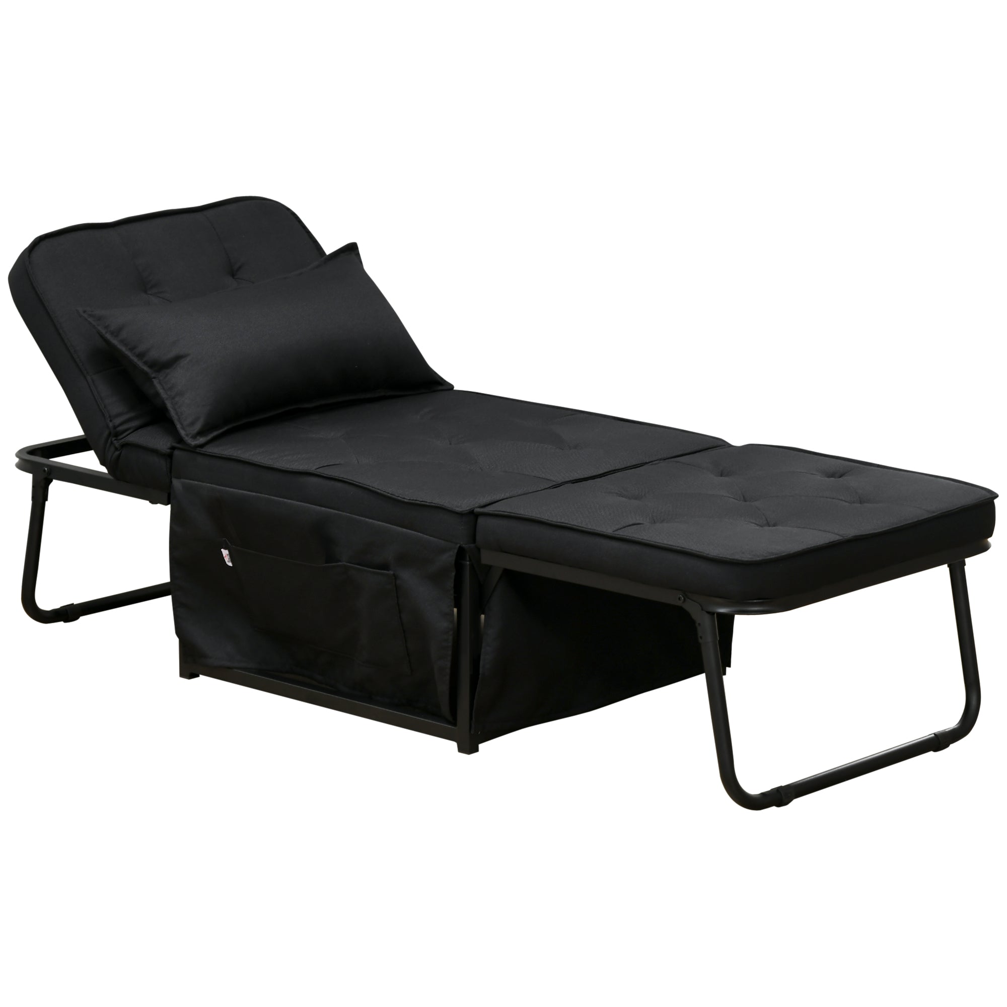 Fabric Sleeper Chair, Folding Chair Bed with Adjustable Backrest, Pillow, Side Pockets for Living Room, Black
