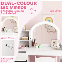 AIYAPLAY Kids Vanity Table and Chair Set, Girls Dressing Table with 2-Colour LED Mirror, Stool, Cabinet, Drawer, Shelves, White